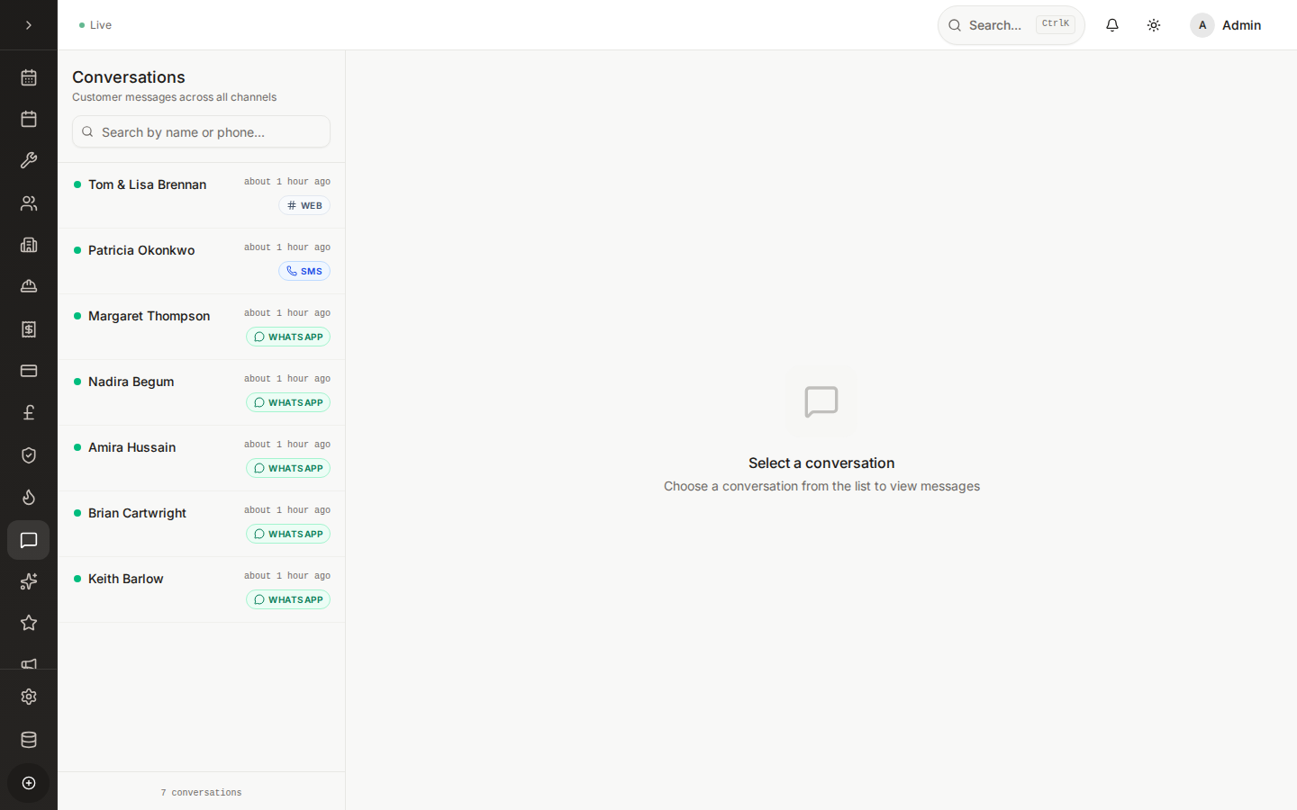 Sidekick conversations list showing customer calls and messages