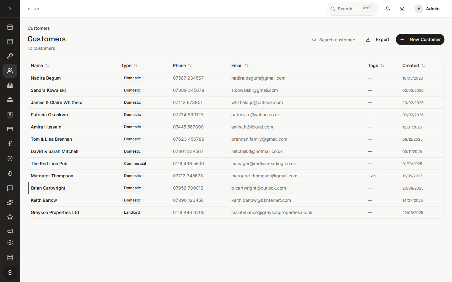 Sidekick customer database with contact details and job history