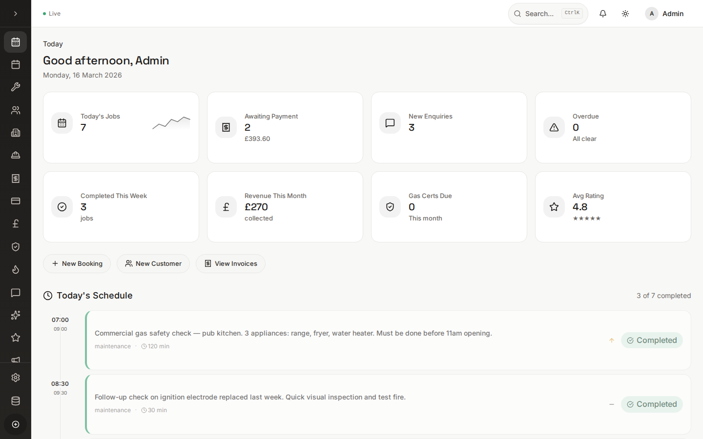 Sidekick dashboard showing jobs, quotes, invoices and customer activity